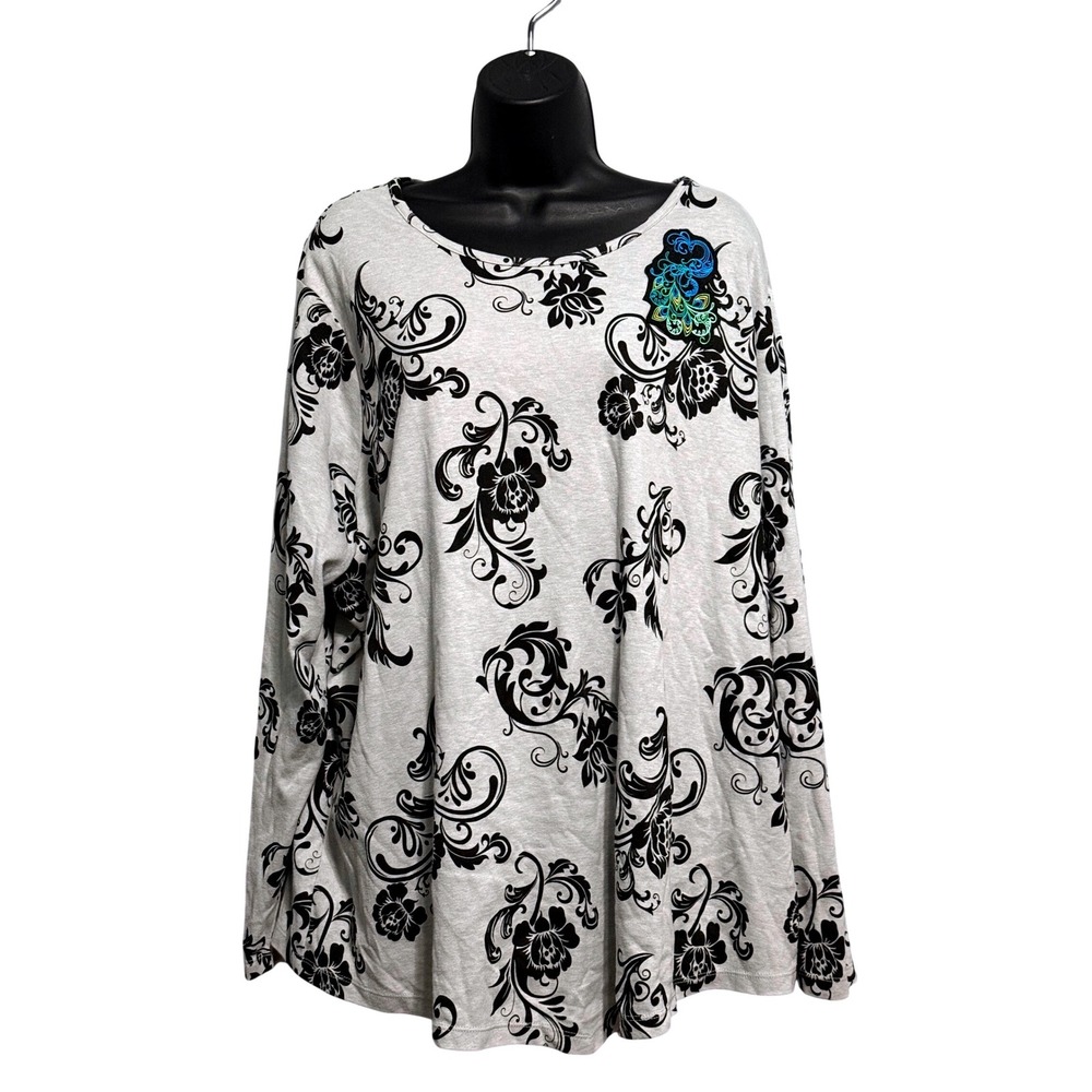 Vicki Wayne Womens 3X Gray Black Floral Damask Peacock Embroidered Top P14115